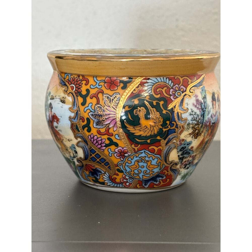 Vintage Hand Painted Ceramic Chinese Satsuma Style Small Fish Bowl Planter - Picture 4 of 6